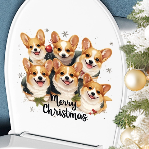 Christmas Corgi Dog Toilet Sticker Waterproof PVC Puppy Wall Decal Merry Christmas Decor For Bathroom Home Decoration