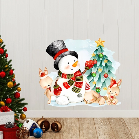 Pegatina de Pared de Acuarela de Muñeco de Nieve y Árbol de Navidad Calcomanía Decorativa de PVC para Dormitorio Sala de Estar Navidad