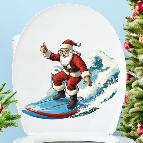 Sticker Abattant Toilettes Père Noël Surf Noël Imperméable PVC Auto-adhésif Décalcomanie de Salle de Bain Décoration Maison