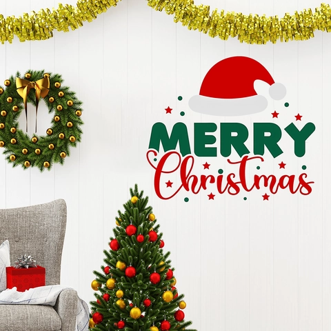 Merry Christmas Wall Stickers Red Christmas Hat Art Lettering PVC Waterproof Decal For Holiday Window Living Room Wall Decor