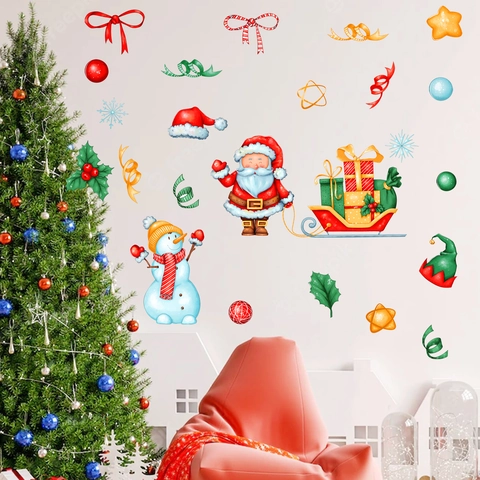 Autocollants Muraux Noël PVC Père Noël Bonhomme de Neige Renne Dessin Animé Aquarelle Décoration Pour Salon Chambre