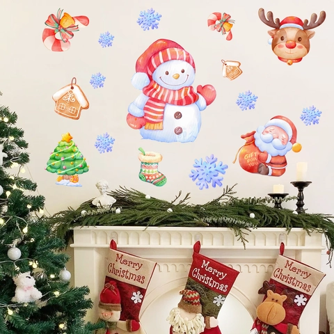 Weihnachten Wandaufkleber Aquarell Weihnachtsmann Schneemann Rentier Baum Auto Aufkleber Für Wohnzimmer Feiertag Dekoration Tapete
