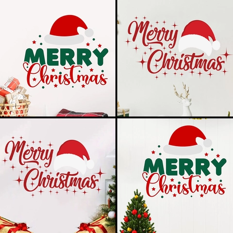 Merry Christmas Wall Stickers Red Christmas Hat Art Lettering PVC Waterproof Decal For Holiday Window Living Room Wall Decor
