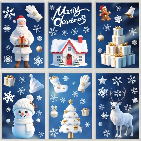 Weihnachten 3D Weihnachtsmann Rentier Schneeflocken Fensteraufkleber Statisch Haftende PVC Deko Wandtattoo Für Zuhause Schaufenster