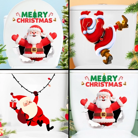 Christmas Santa Claus Toilet Sticker 3D Merry Christmas Wall Decal Waterproof PVC Bathroom Home Decoration Self Adhesive Festive Ornament
