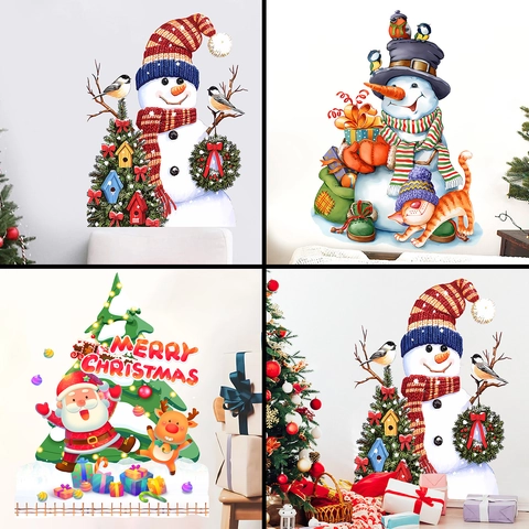 Christmas Snowman Santa Claus Wall Stickers PVC Waterproof Removable Holiday Window Decals For Living Room Bedroom Home Decor