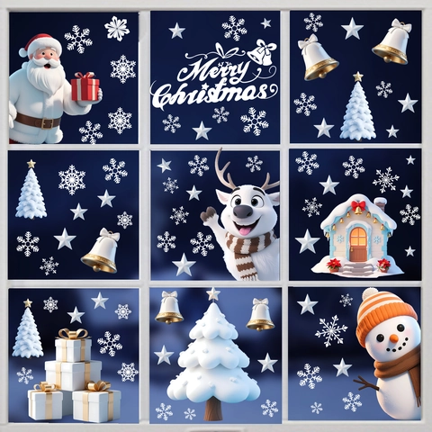 Weihnachten 3D Weihnachtsmann Rentier Schneeflocken Fensteraufkleber Statisch Haftende PVC Deko Wandtattoo Für Zuhause Schaufenster