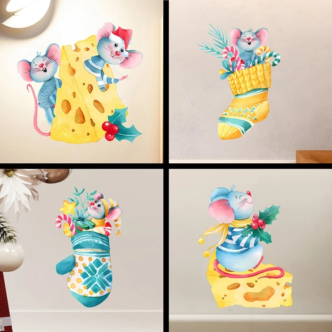 Stickers Muraux de Noël Souris Dessin Animé en PVC Auto-adhésif Amovible Aquarelle Fromage Chaussette Décoration de Maison
