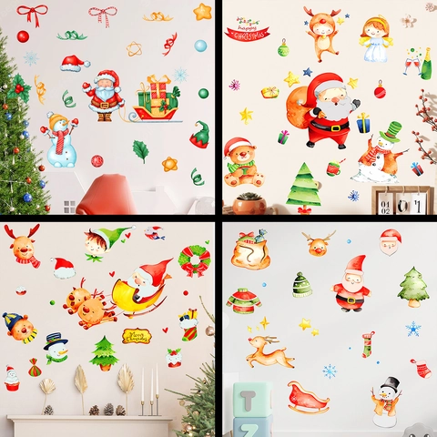 Autocollants Muraux Noël PVC Père Noël Bonhomme de Neige Renne Dessin Animé Aquarelle Décoration Pour Salon Chambre