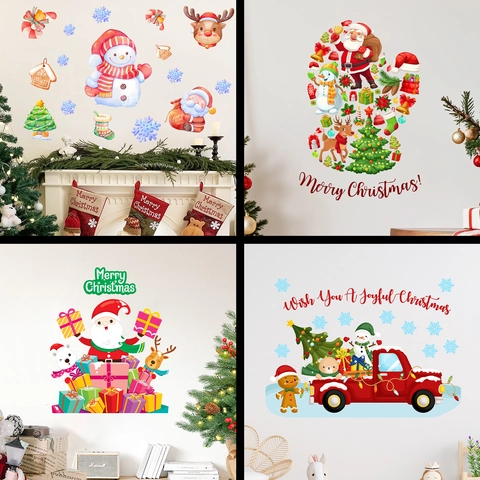 Weihnachten Wandaufkleber Aquarell Weihnachtsmann Schneemann Rentier Baum Auto Aufkleber Für Wohnzimmer Feiertag Dekoration Tapete