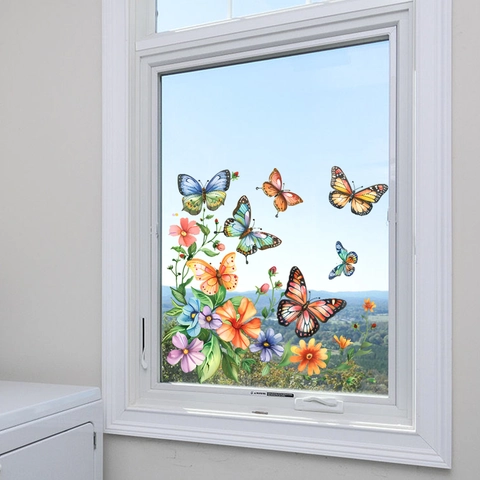 Colorful Butterfly Flower Static Glass Stickers PVC Decorative Window Clings For Living Room Bedroom Kids Room Decor