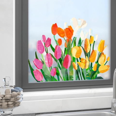 Artistieke Tulp Bloemenpatroon Vensterfolie Statisch Hechtend Verwijderbaar Glas Sticker Waterdichte Decoratieve Folie Voor Slaapkamer