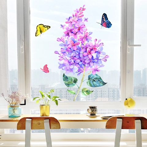 Adesivo Statico per Vetro Con Fiori di Lillà Acquerello e Farfalla in PVC Senza Colla Decorazione per Camera da Letto Soggiorno Bagno Ufficio