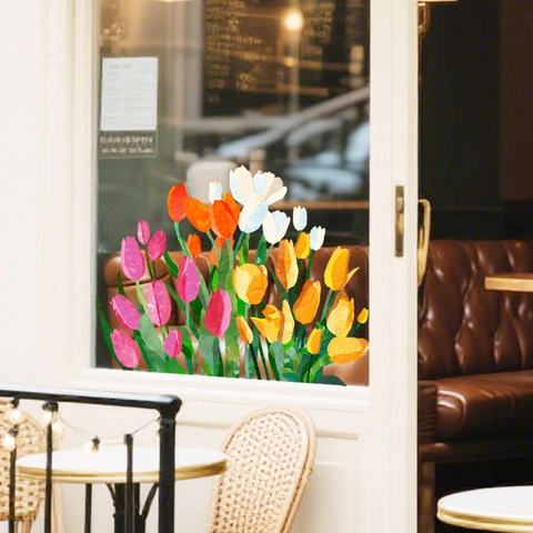 Artistieke Tulp Bloemenpatroon Vensterfolie Statisch Hechtend Verwijderbaar Glas Sticker Waterdichte Decoratieve Folie Voor Slaapkamer