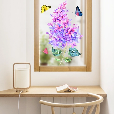 Adesivo Statico per Vetro Con Fiori di Lillà Acquerello e Farfalla in PVC Senza Colla Decorazione per Camera da Letto Soggiorno Bagno Ufficio