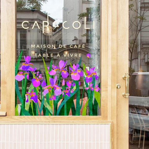Adesivo per Finestra Statico con Tulipano e Iris Viola per Caffè Negozio Ufficio Casa PVC Fiore Decalcomania per Vetro