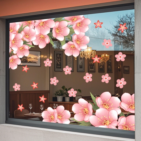 Pegatinas de Ventana de Sakura Rosa PVC Adsorción Estática Removibles Calcomanías de Vidrio Floral para Sala de Estar Dormitorio