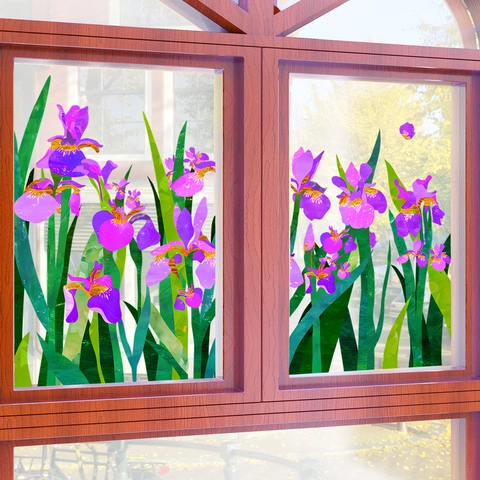Adesivo per Finestra Statico con Tulipano e Iris Viola per Caffè Negozio Ufficio Casa PVC Fiore Decalcomania per Vetro