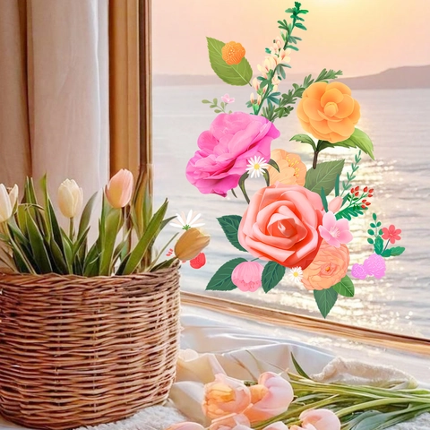Orange Camellia And Pink Rose Static Window Sticker Removable PVC Floral Glass Decal For Kitchen Living Room Home Decor