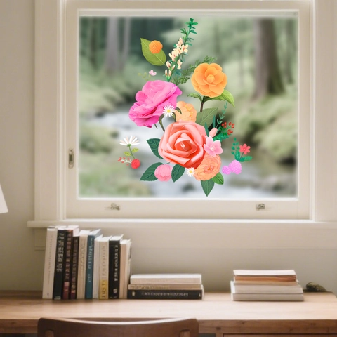 Orange Camellia And Pink Rose Static Window Sticker Removable PVC Floral Glass Decal For Kitchen Living Room Home Decor