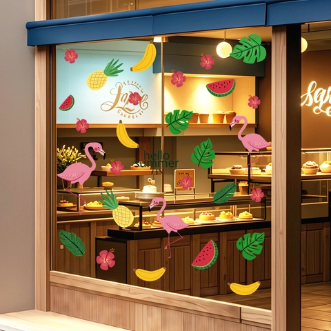 Sommer Tropisch Flamingo Fensteraufkleber Statische PVC Glassticker Ananas Wassermelone Blätter Dekorative Fensterbilder Für Glastür Zuhause Laden