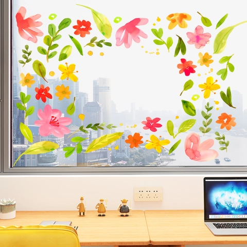Aquarell Blume Grüne Pflanze Statische Fensterbilder Abnehmbare PVC Dekorative Aufkleber Für Schlafzimmer Wohnzimmer Glasfenster