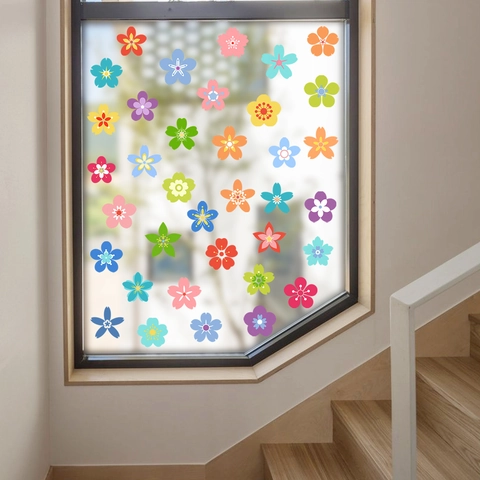 Colorful Flower Window Stickers Static Cling PVC Glass Decals For Living Room Bedroom Home Decoration Floral Window Film