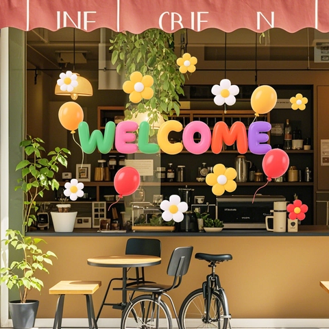 Pegatinas de Ventana de PVC con Letras Welcome 3D Cartoon Coloridas Flores y Globos Calcomanías Estáticas para Vidrio Hogar Tienda