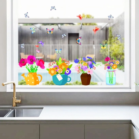 Pegatina Estática para Ventana Creativa Florero Flores Mariposa PVC Visible a Doble Cara Decoración del Hogar Cristal