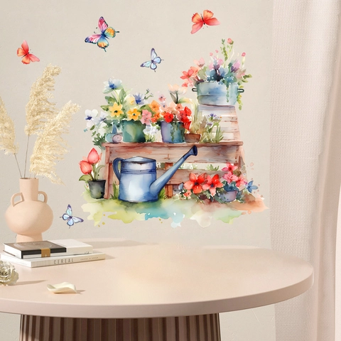 Adesivo da Parete Acquerello Fiore Annaffiatoio Farfalla Decalcomania Floreale in PVC Rimovibile per Soggiorno Camera da Letto