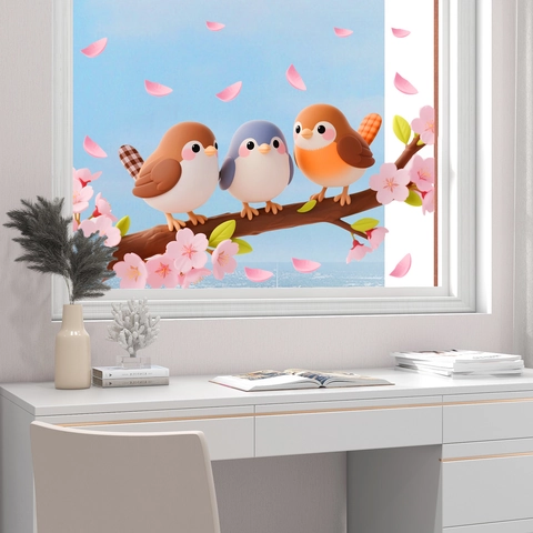Creatieve 3D Cartoon Vogels Kersenbloesem Vensterstickers Statische Hechting PVC Decoratieve Glassticker Voor Huis Woonkamer Slaapkamer