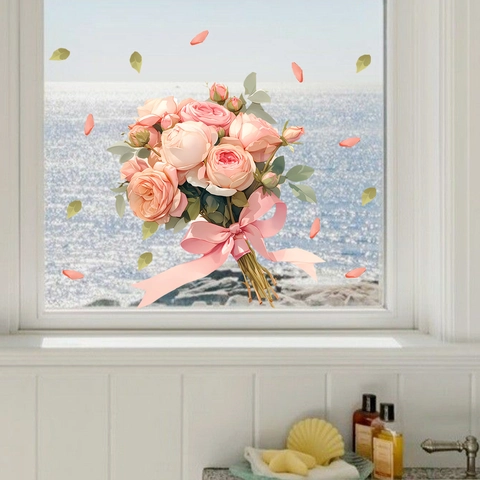 Rosa Rosenstrauß Statisch Fensteraufkleber Abnehmbar PVC Dekorativ Floral Wandaufkleber Für Küche Bad Wohnzimmer Haus