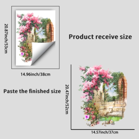 Mediterraner Aquarell Blumen Torbogen 3D Wandaufkleber Wasserdichtes PVC Landschaftsdekor Für Wohnzimmer Zuhause