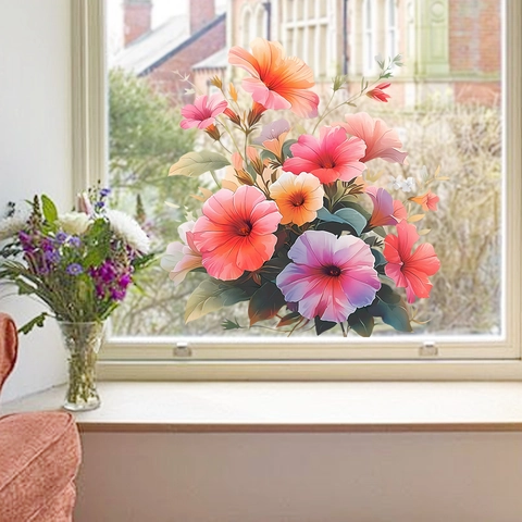Kleurrijke Bloem Statische Raamfolie Aquarel Petunia Bloem Glassticker Verwijderbaar Dubbelzijdig Zichtbaar PVC Raamsticker Voor Home Decor