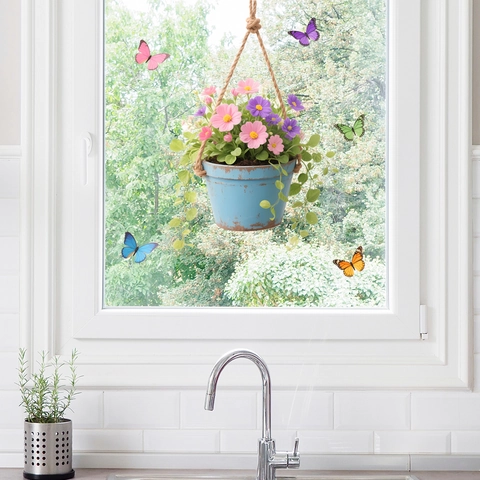 Fresh Botanical Floral Hanging Basket And Colorful Butterfly Window Stickers Static Cling PVC Glass Decals For Home Decor