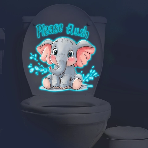 Autocollant de Toilette Lumineux Éléphant Dessin Animé Please Flush PVC Amovible Glow In The Dark Décoration Salle de Bain