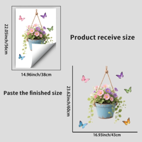 Fresh Botanical Floral Hanging Basket And Colorful Butterfly Window Stickers Static Cling PVC Glass Decals For Home Decor