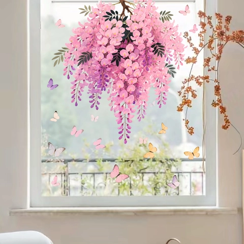 Adesivo per Finestre con Fiori di Glicine Rosa e Farfalle Statico Biadesivo Visibile Pellicola Decorativa in PVC per Vetro Casa