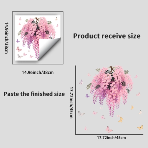 Adesivo per Finestre con Fiori di Glicine Rosa e Farfalle Statico Biadesivo Visibile Pellicola Decorativa in PVC per Vetro Casa