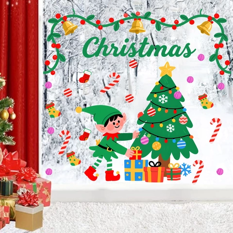 Weihnachten Cartoon Elf Baum PVC Statisch Fensteraufkleber Abnehmbar Wasserdicht Glas Aufkleber Für Festival Home Shop Dekor