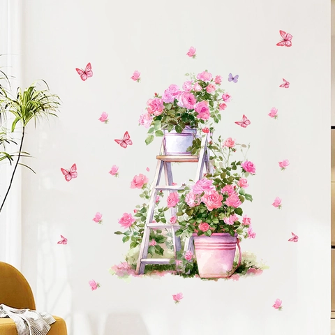 Kreatives Rosa Rose Blume Schmetterling Leiter Wandtattoo Wasserdicht PVC Wandaufkleber Für Wohnzimmer Schlafzimmer Hintergrund