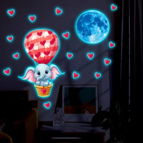 Leuchtende Heißluftballon Elefant Wandtattoo Glow In The Dark Mond Herz Wandsticker Für Kinderzimmer Babyzimmer Home Deko