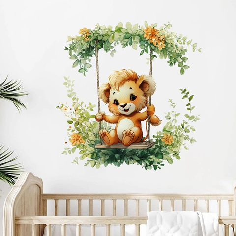 Aquarell Cartoon Löwe Auf Schaukel Wandaufkleber PVC DIY Tier Blumen Dekoration Für Kinderzimmer Schlafzimmer Heimdekor