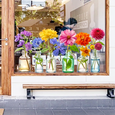 6Pcs Hydroponic Glass Vase Floral Window Stickers Static Cling PVC Waterproof Removable Decorative Decals For Home Windows