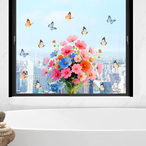 Bunte Blumen Schmetterling Statische Fensteraufkleber PVC Abnehmbare Blumen Dekoration Für Wohnzimmer Schlafzimmer Glas