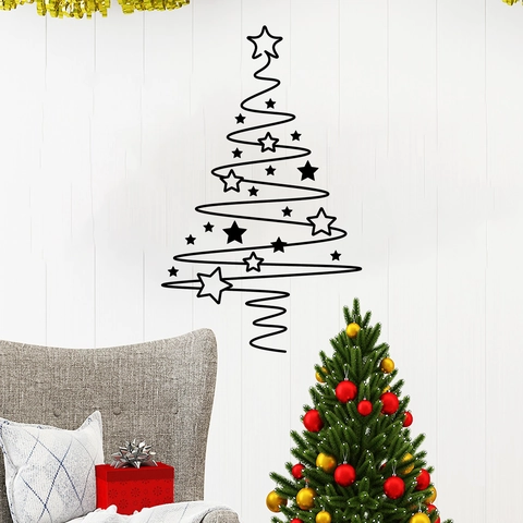 Minimalist Black Spiral Line Christmas Tree Wall Sticker With Stars PVC Removable Xmas Decor For Living Room Bedroom