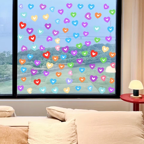 Bunte Herz Statisch Haftende Fensteraufkleber PVC Wiederverwendbare Glasaufkleber Für Wohnzimmer Schlafzimmer Dekoration Klebefrei