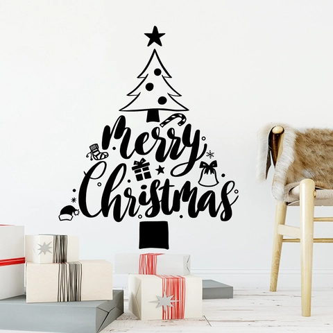 Merry Christmas Tree Wall Sticker Black PVC Removable Decal For Living Room Bedroom Holiday Home Decoration DIY Mural