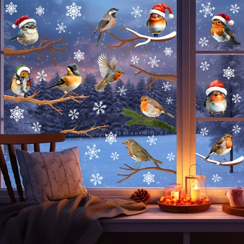 Weihnachten Schneeflocken Vögel Fensterbilder PVC Statisch Haftende Aufkleber Für Glas Laden Haus Winter Dekoration