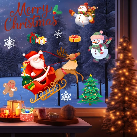 Weihnachten Fensteraufkleber PVC Statische Adsorption Weihnachtsmann Schneemann Schlitten Rentier Aufkleber Für Haus Glas